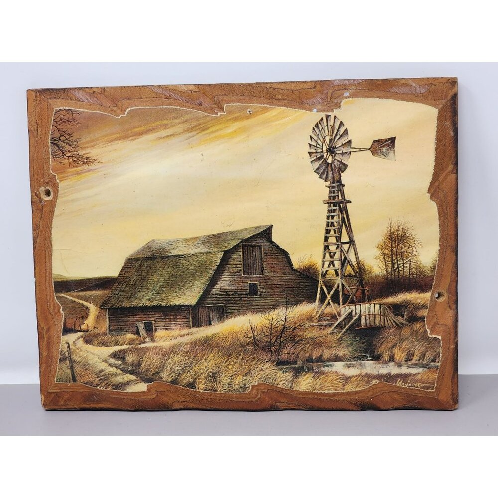 Vintage‎ Wooden Framed Barn Windmill Landscape Wall Art Dicoupage Signed Manning
